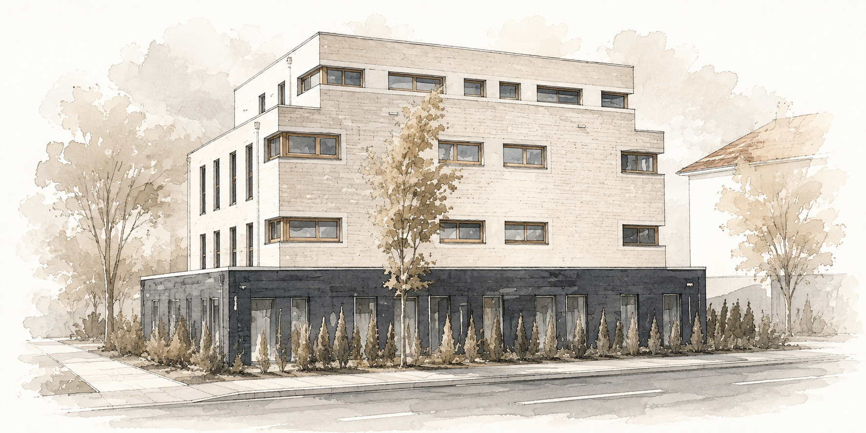Aquarellillustration des Praxisgebäudes am Alten Wasserwerk 3 in Hildesheim