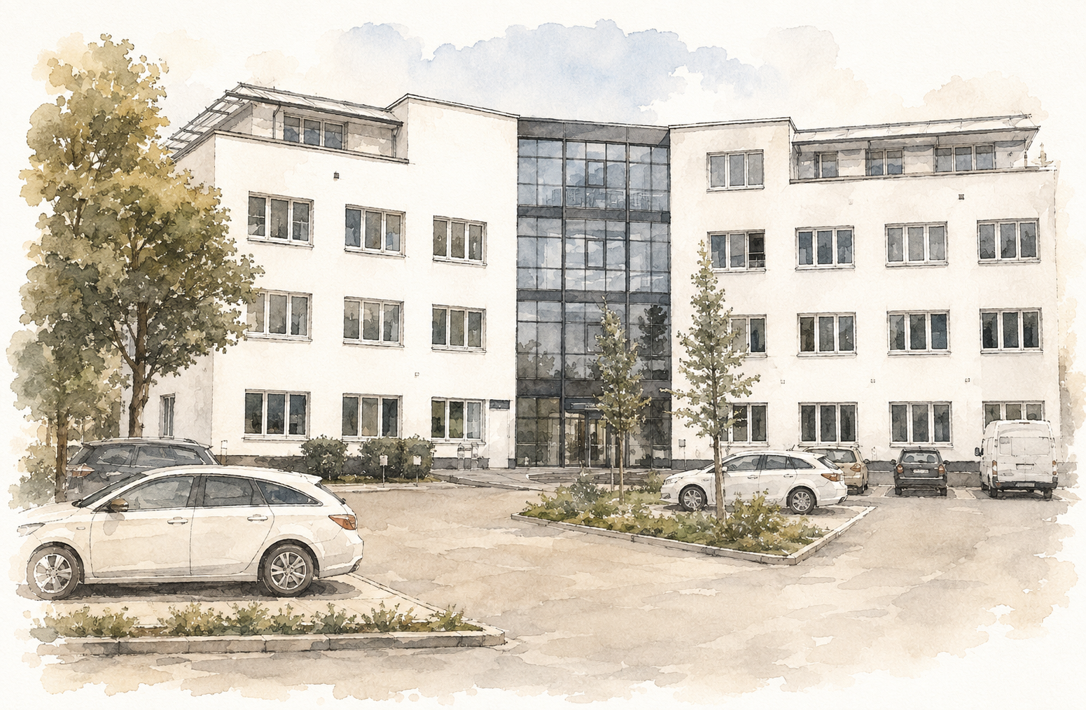 Aquarellillustration des gesamten Praxisgebäudes in der Holländischen Straße 121 in Vellmar
